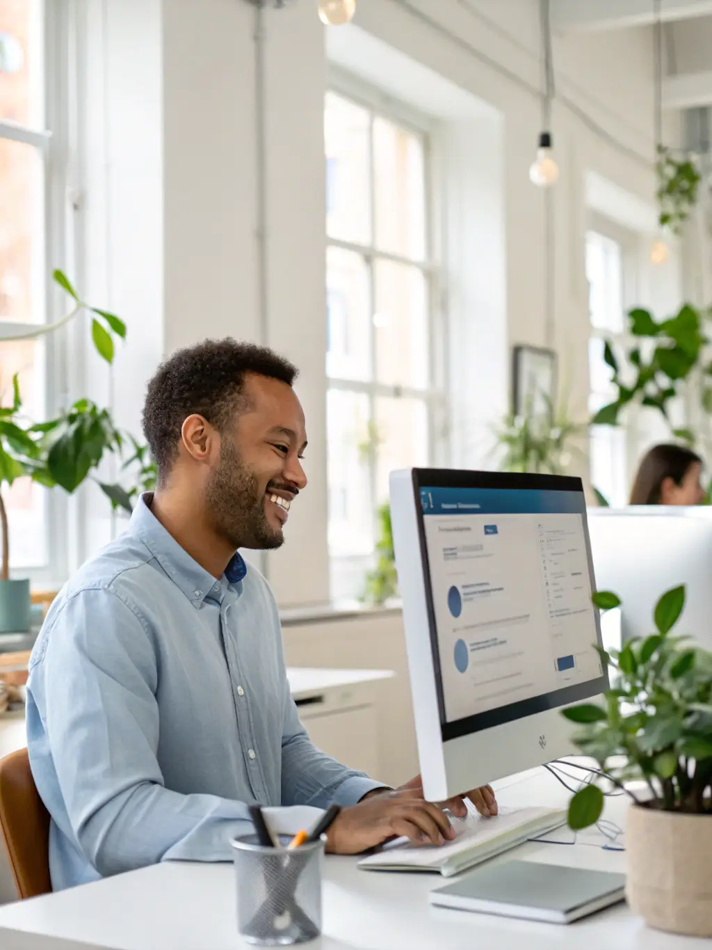 An image showing a satisfied employee in a well-suited work environment, symbolizing increased employee engagement.