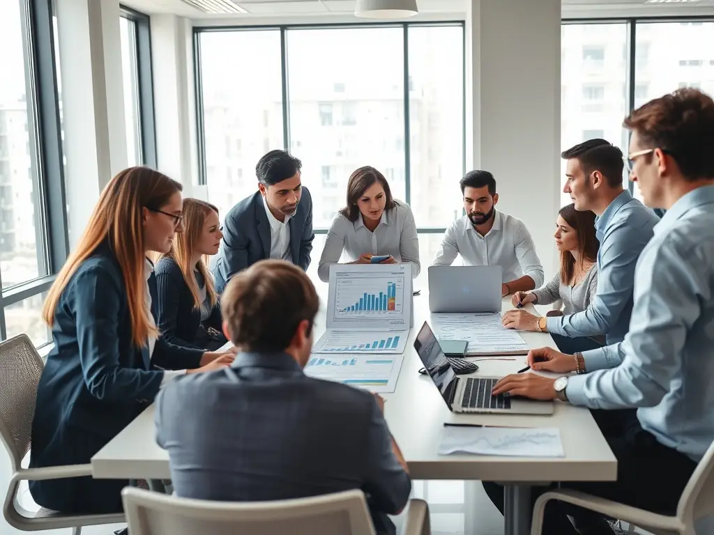 A diverse team of professionals collaborating in a modern office space, analyzing data and discussing strategies for talent alignment, showcasing Performance Casting™'s data-driven approach.